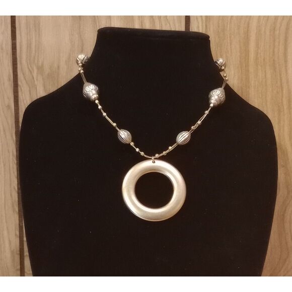 NY Gold Tone Floating Bead Circle Pendant 16-19" Multi Strand Wire Necklace - Picture 1 of 7